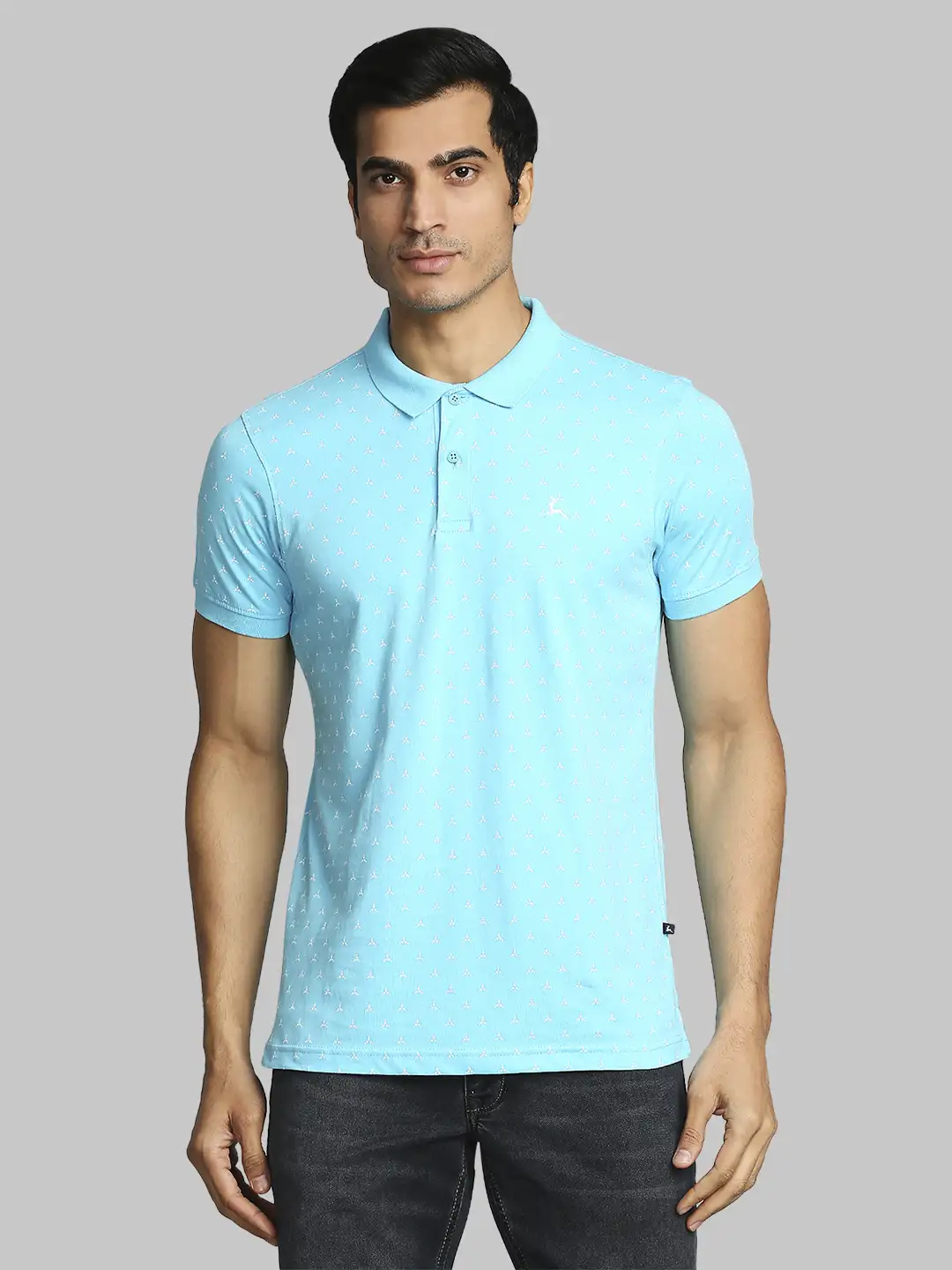 Men Blue Regular Fit Print Cotton Round Neck Collar Polo T-Shirt