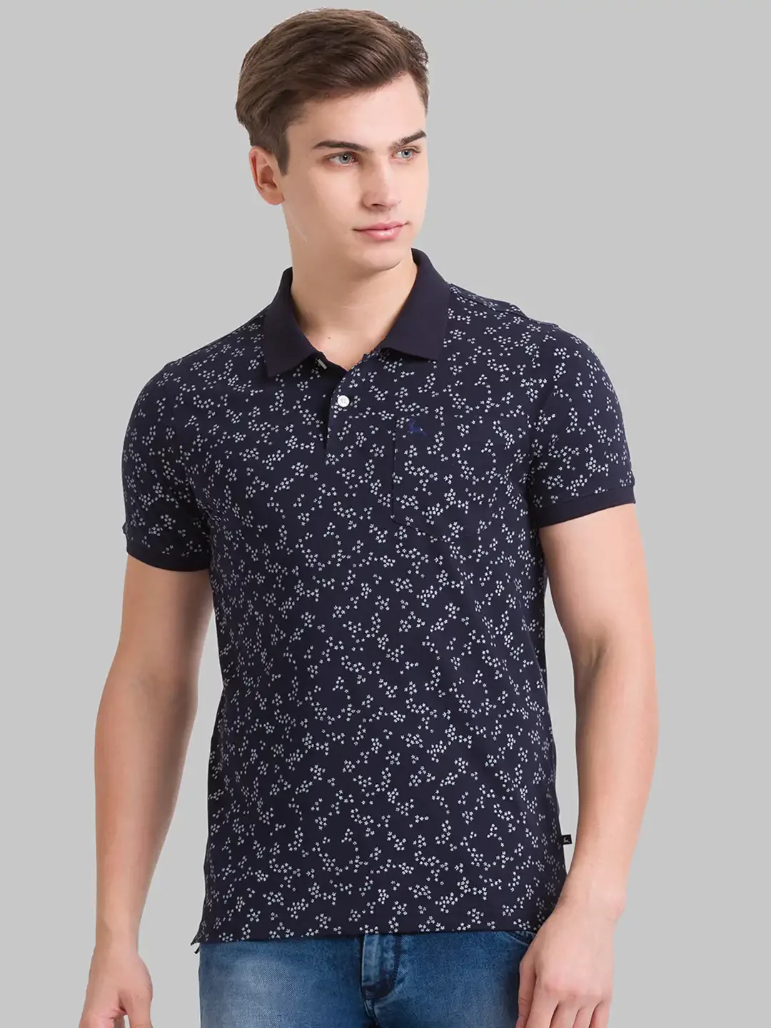 Men Blue Regular Fit Print Cotton Round Neck Collar Polo T-Shirt