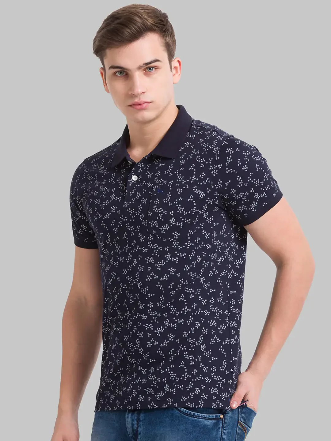 Men Blue Regular Fit Print Cotton Round Neck Collar Polo T-Shirt - Image 3