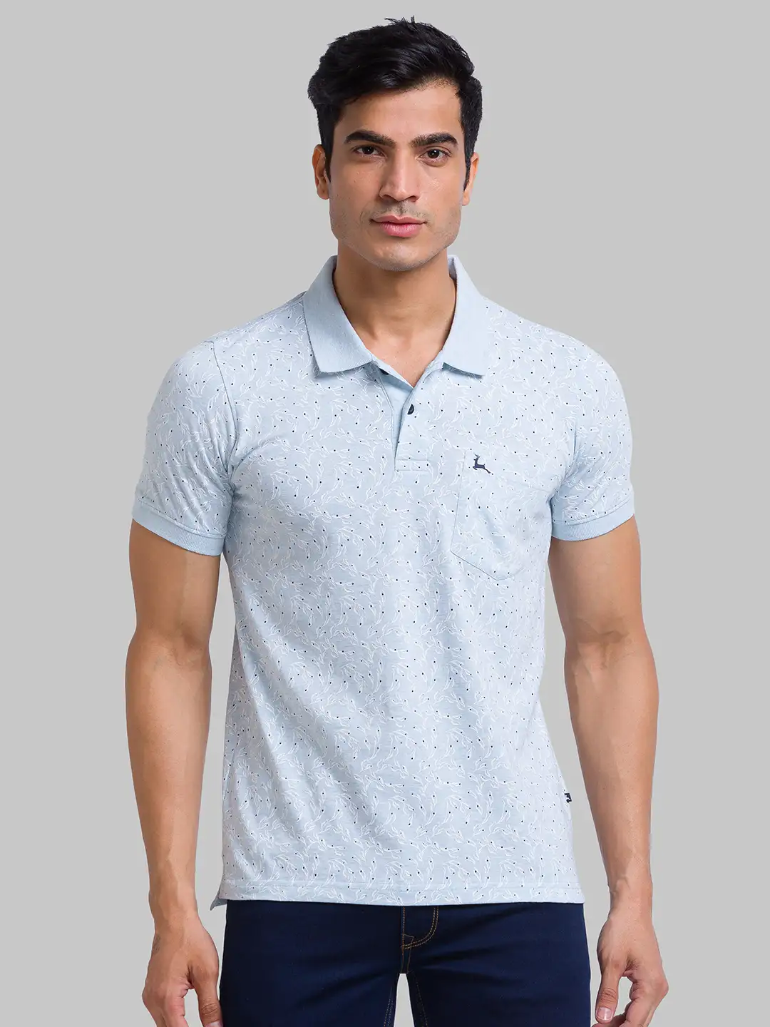 Men Blue Regular Fit Print Cotton Round Neck Collar Polo T-Shirt
