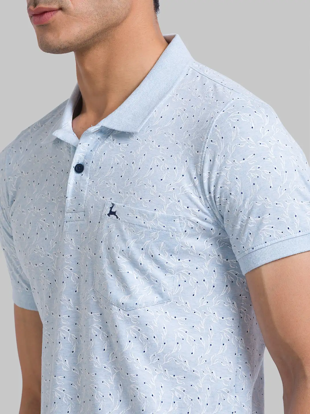 Men Blue Regular Fit Print Cotton Round Neck Collar Polo T-Shirt - Image 6