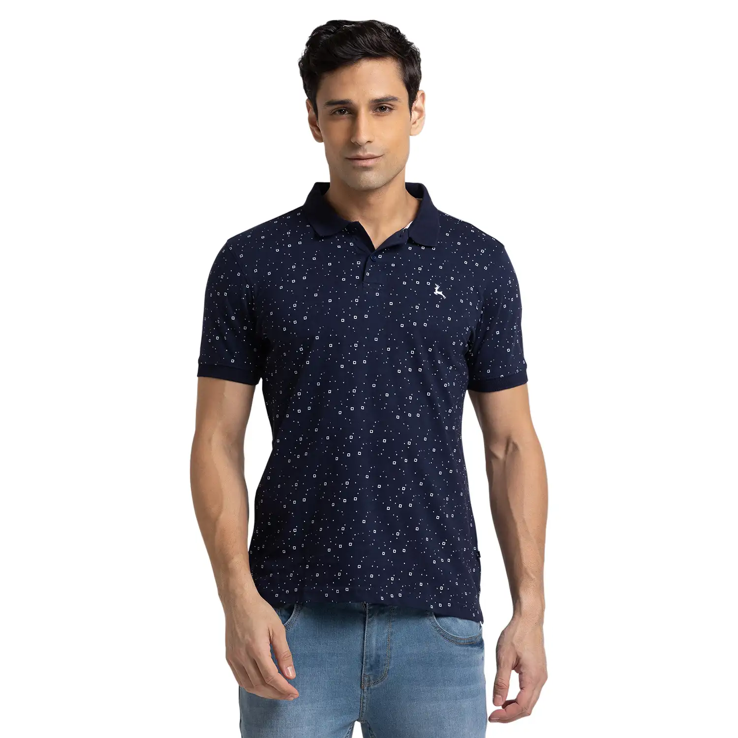 Men Blue Regular Fit Print Cotton Round Neck Collar Polo T-Shirt