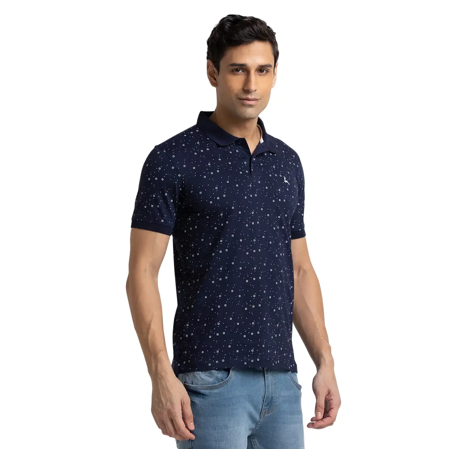 Men Blue Regular Fit Print Cotton Round Neck Collar Polo T-Shirt - Image 2