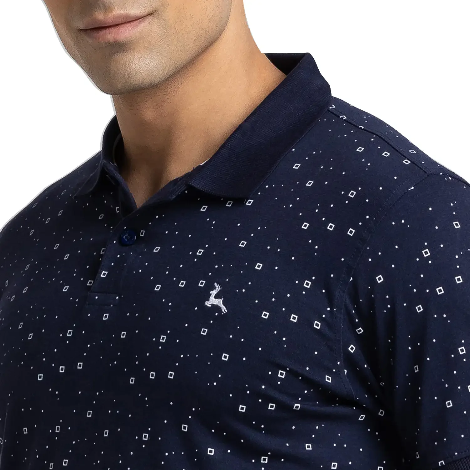 Men Blue Regular Fit Print Cotton Round Neck Collar Polo T-Shirt - Image 6
