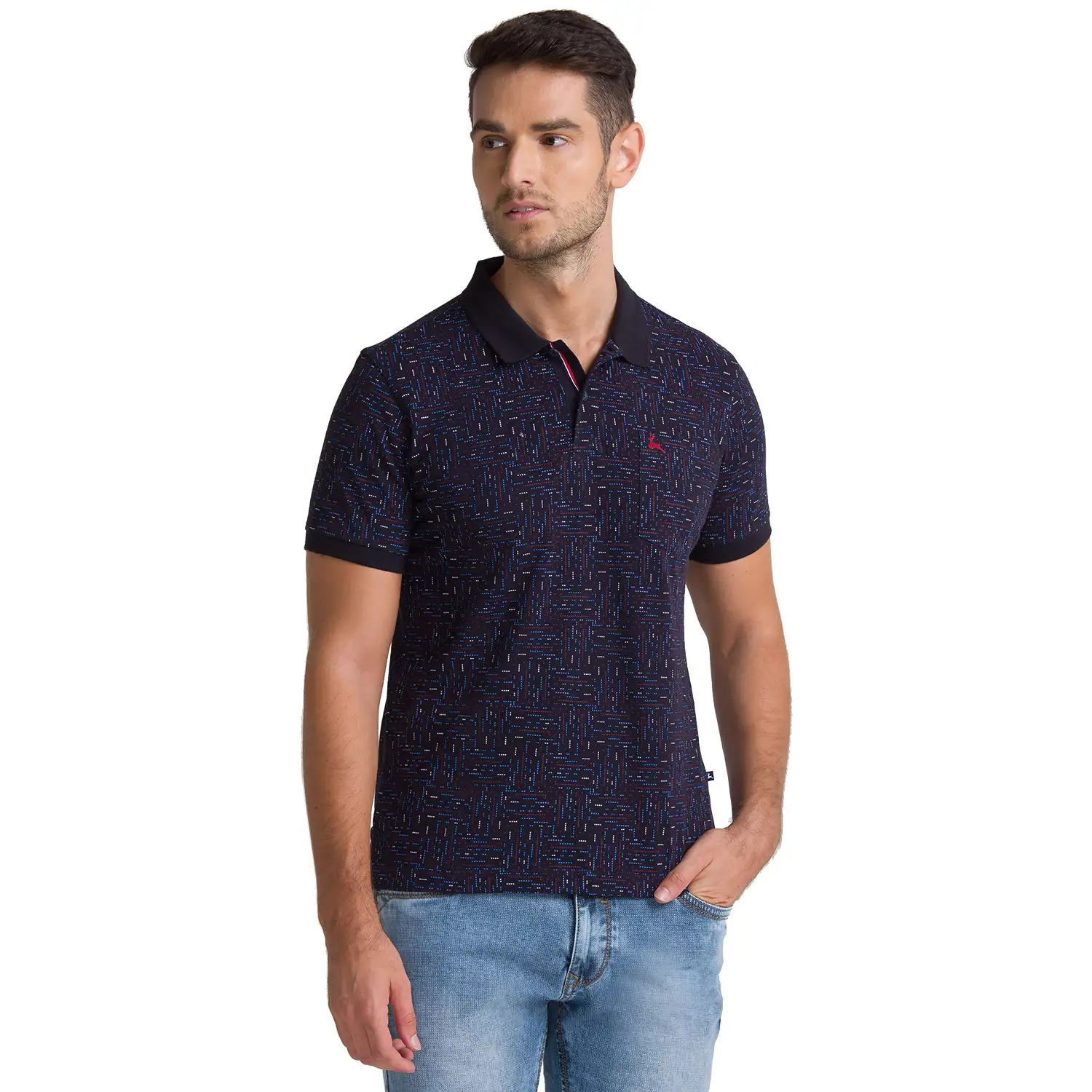 Men Blue Regular Fit Print Cotton Round Neck Collar Polo T-Shirt
