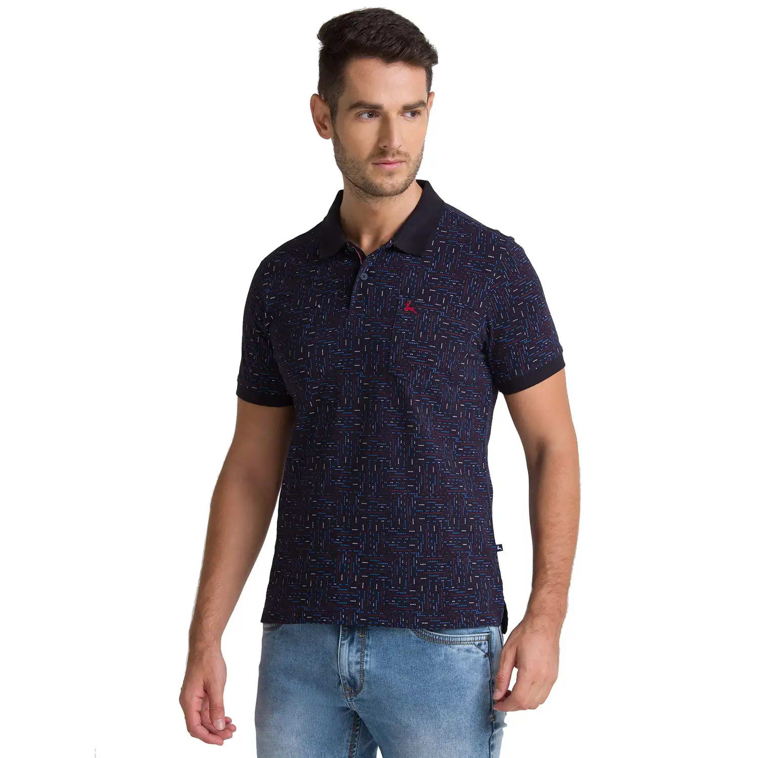 Men Blue Regular Fit Print Cotton Round Neck Collar Polo T-Shirt - Image 3