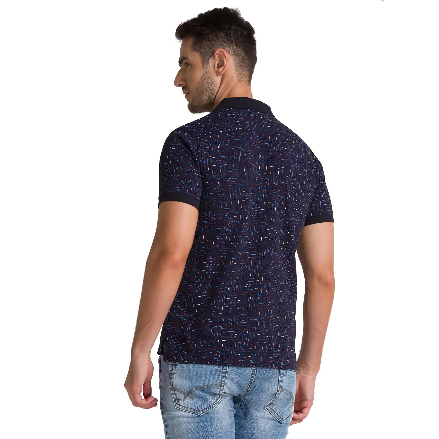 Men Blue Regular Fit Print Cotton Round Neck Collar Polo T-Shirt - Image 4