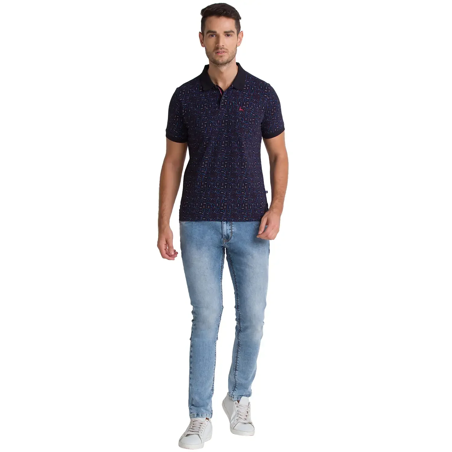 Men Blue Regular Fit Print Cotton Round Neck Collar Polo T-Shirt - Image 5