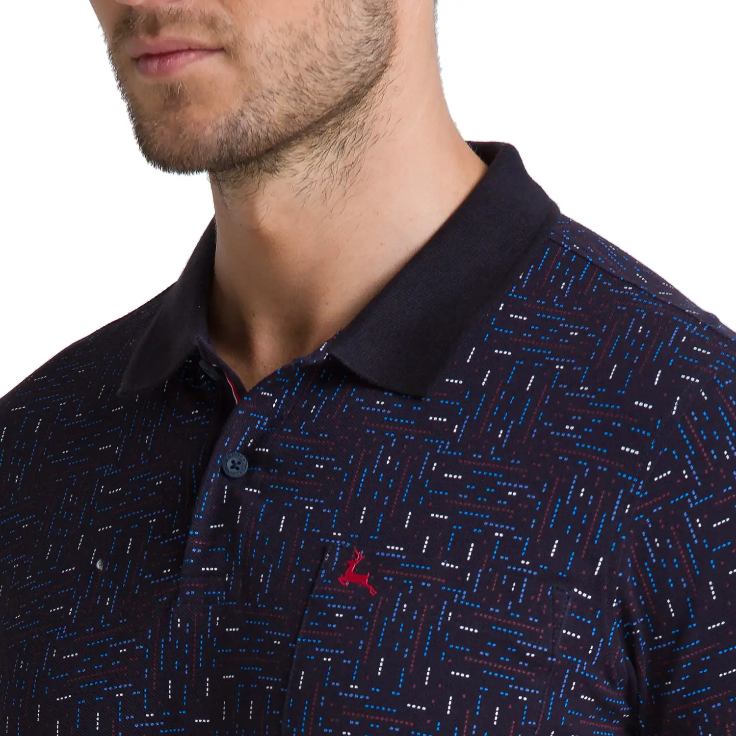 Men Blue Regular Fit Print Cotton Round Neck Collar Polo T-Shirt - Image 6
