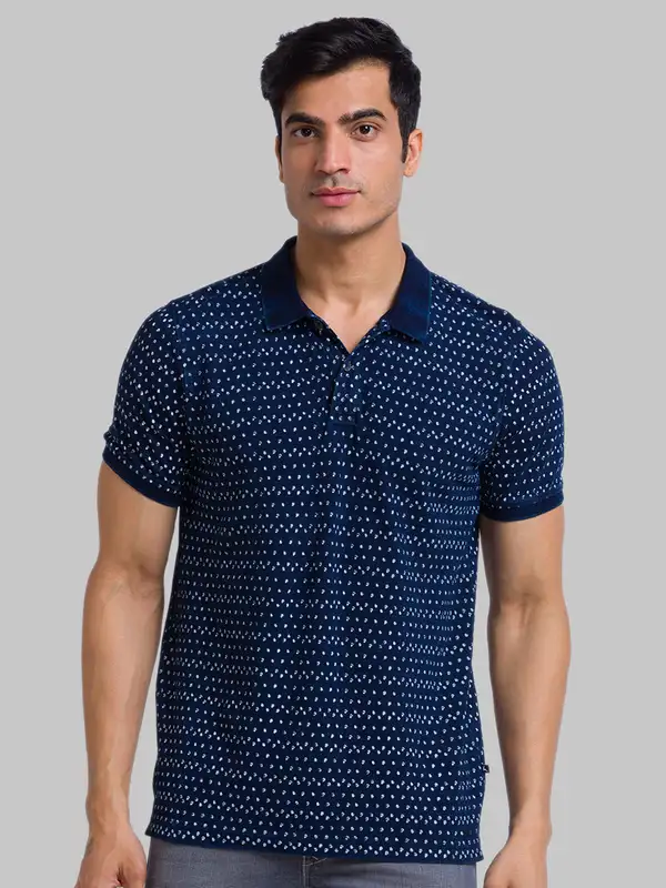 Men Blue Regular Fit Print Cotton Round Neck Collar Polo T-Shirt
