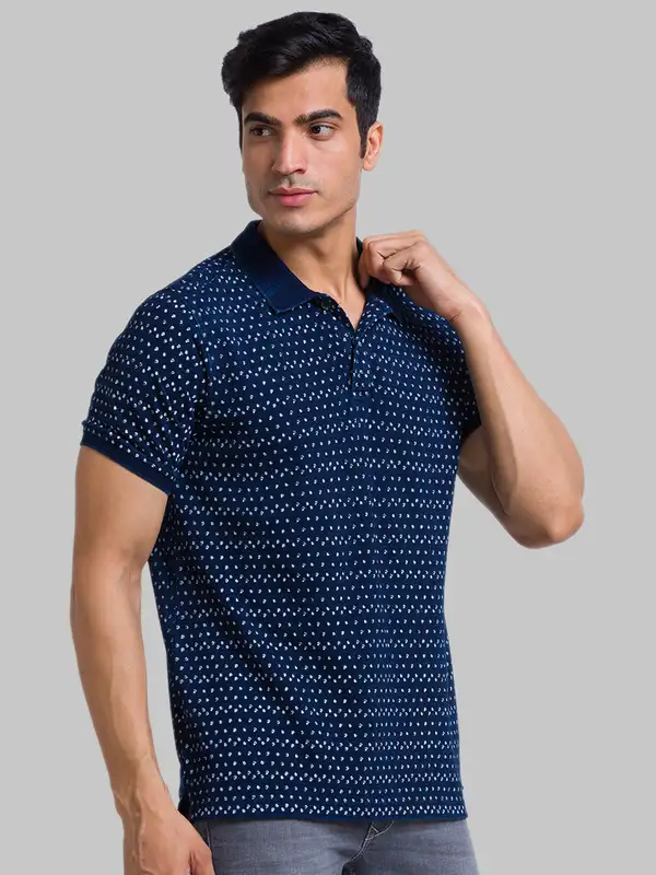 Men Blue Regular Fit Print Cotton Round Neck Collar Polo T-Shirt - Image 2