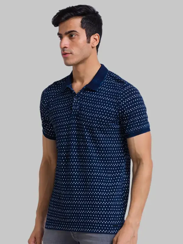 Men Blue Regular Fit Print Cotton Round Neck Collar Polo T-Shirt - Image 3