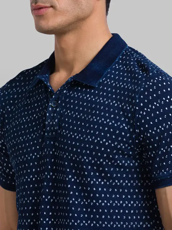 Men Blue Regular Fit Print Cotton Round Neck Collar Polo T-Shirt - Image 6