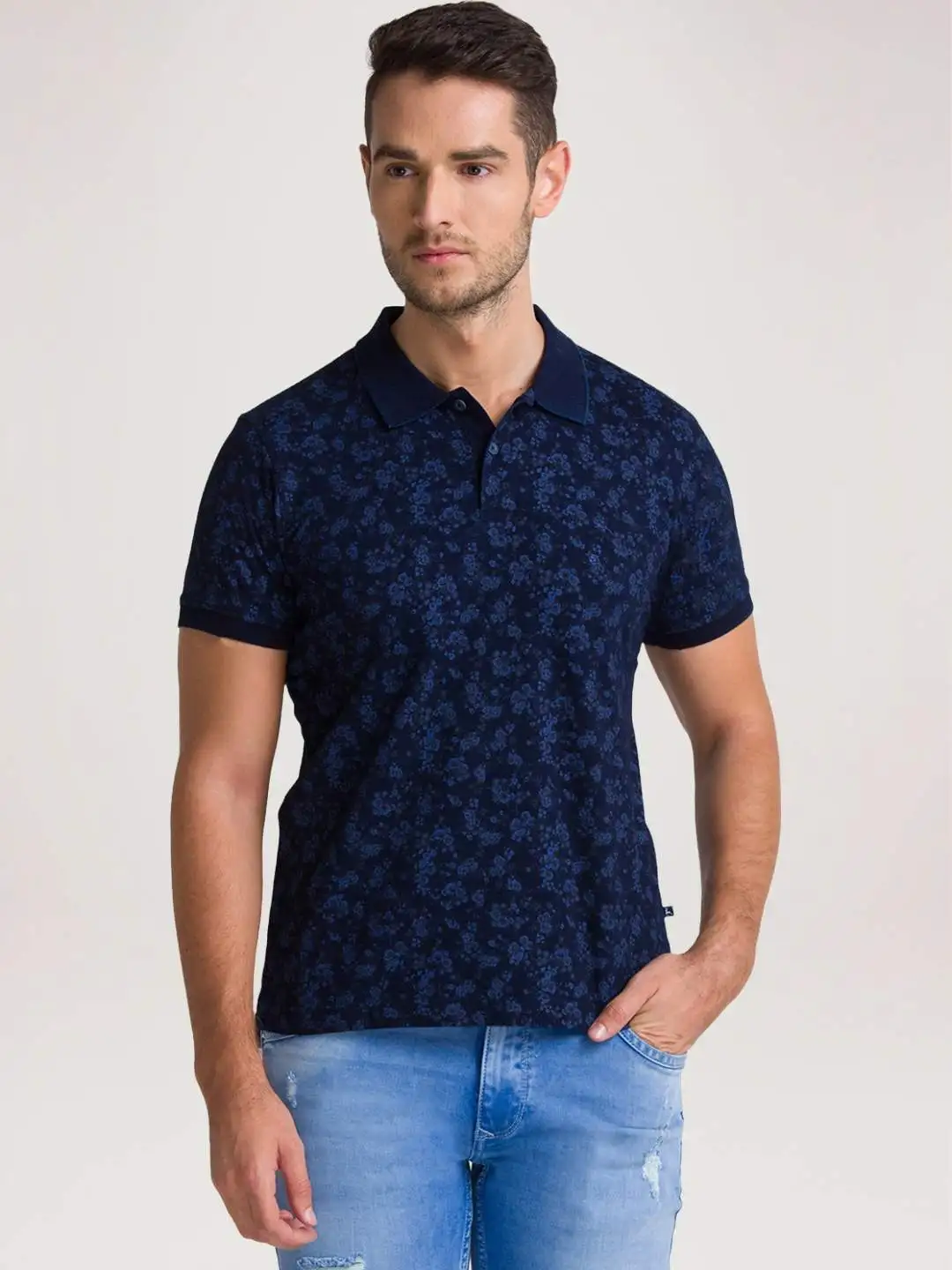 Men Blue Regular Fit Print Cotton Round Neck Collar Polo T-Shirt