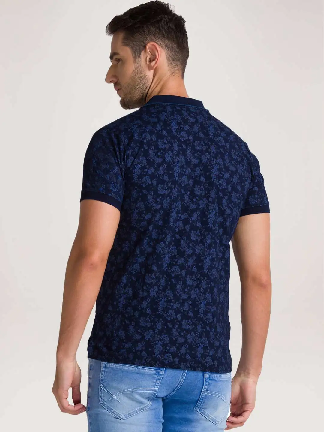 Men Blue Regular Fit Print Cotton Round Neck Collar Polo T-Shirt - Image 4