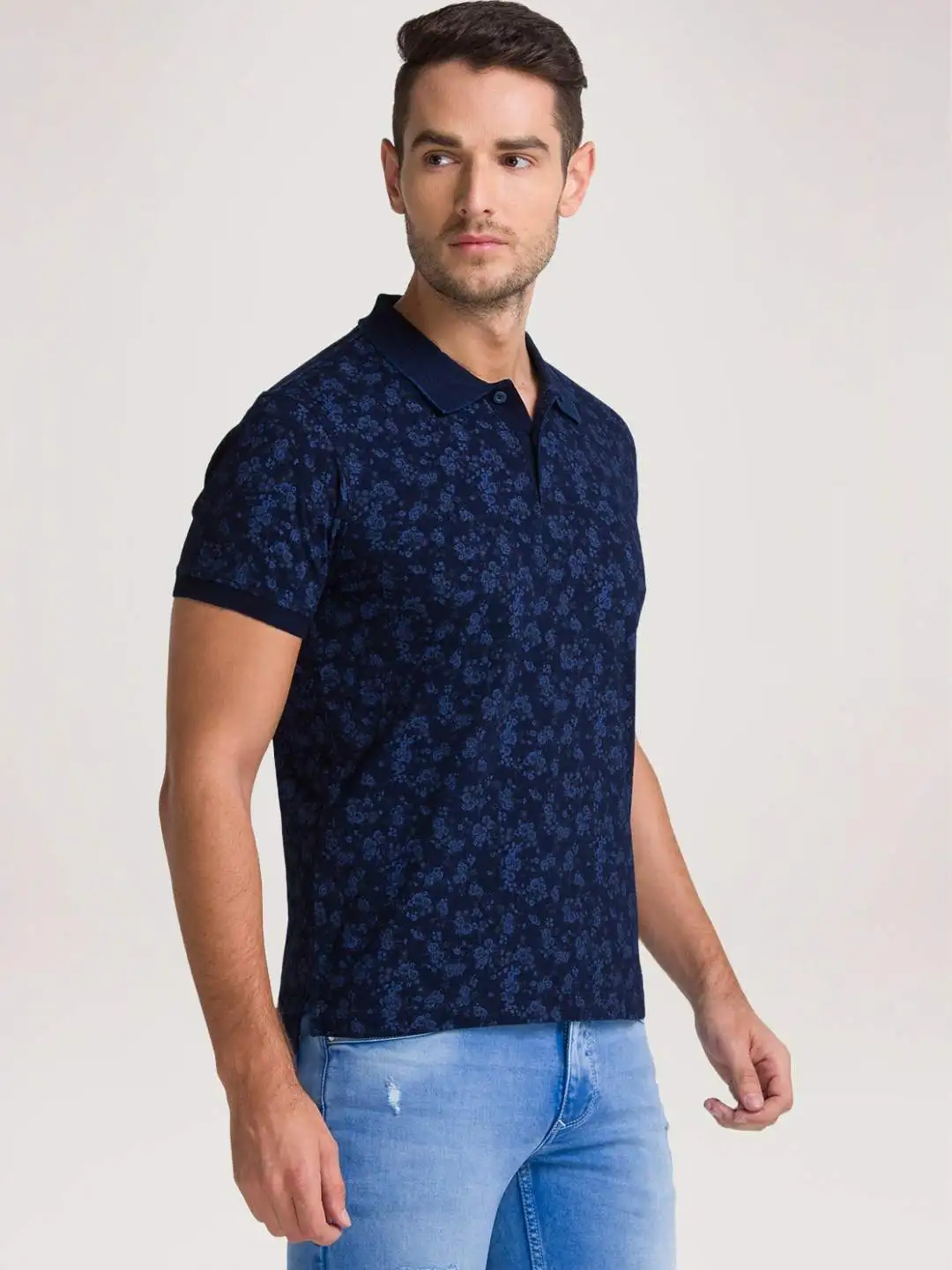Men Blue Regular Fit Print Cotton Round Neck Collar Polo T-Shirt - Image 5
