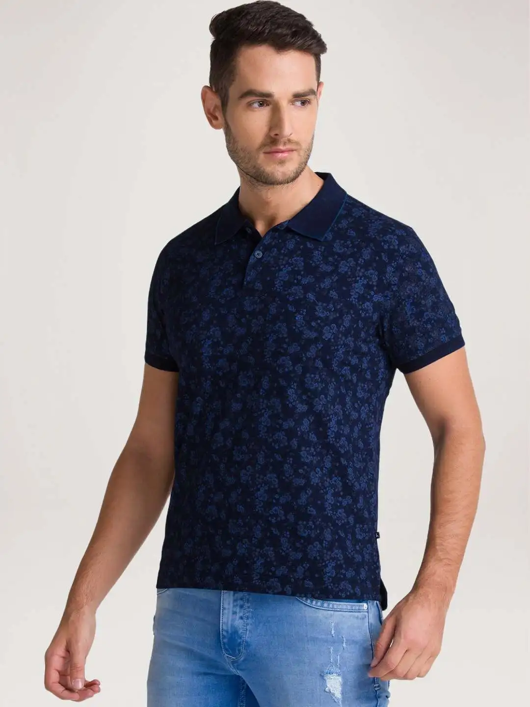 Men Blue Regular Fit Print Cotton Round Neck Collar Polo T-Shirt - Image 6