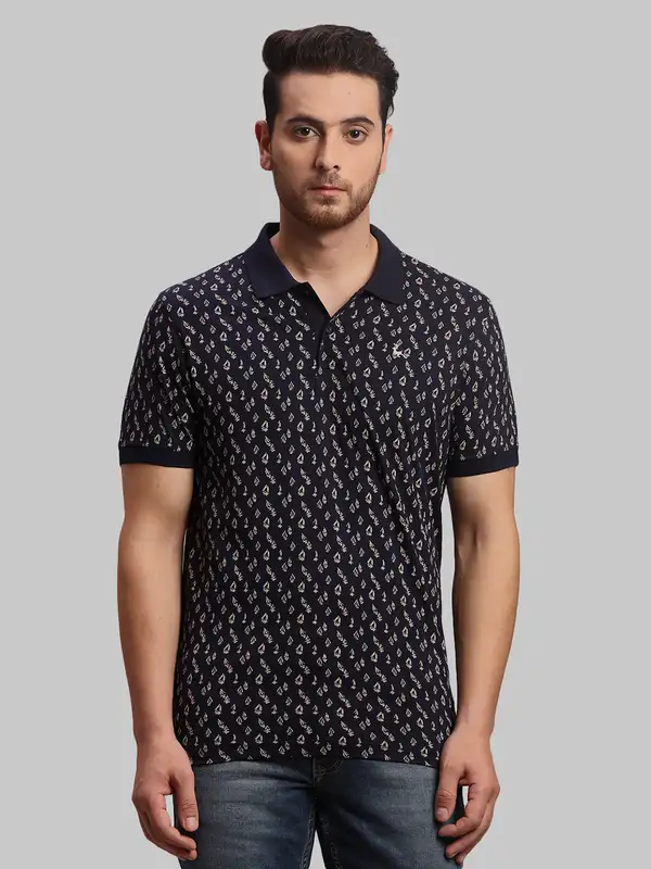 Men Blue Regular Fit Print Cotton Round Neck Collar Polo T-Shirt