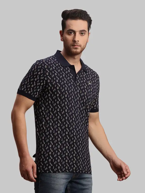 Men Blue Regular Fit Print Cotton Round Neck Collar Polo T-Shirt - Image 2