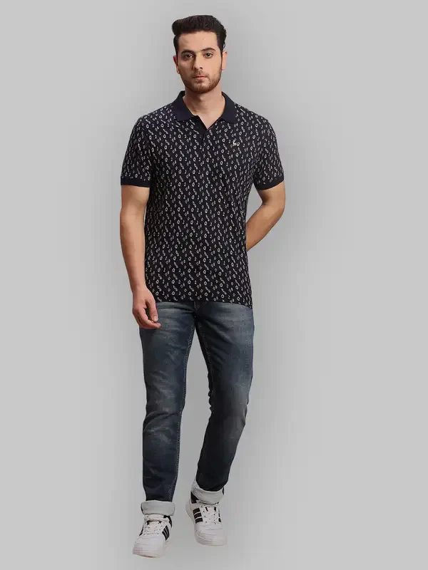 Men Blue Regular Fit Print Cotton Round Neck Collar Polo T-Shirt - Image 5