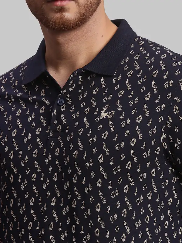 Men Blue Regular Fit Print Cotton Round Neck Collar Polo T-Shirt - Image 6