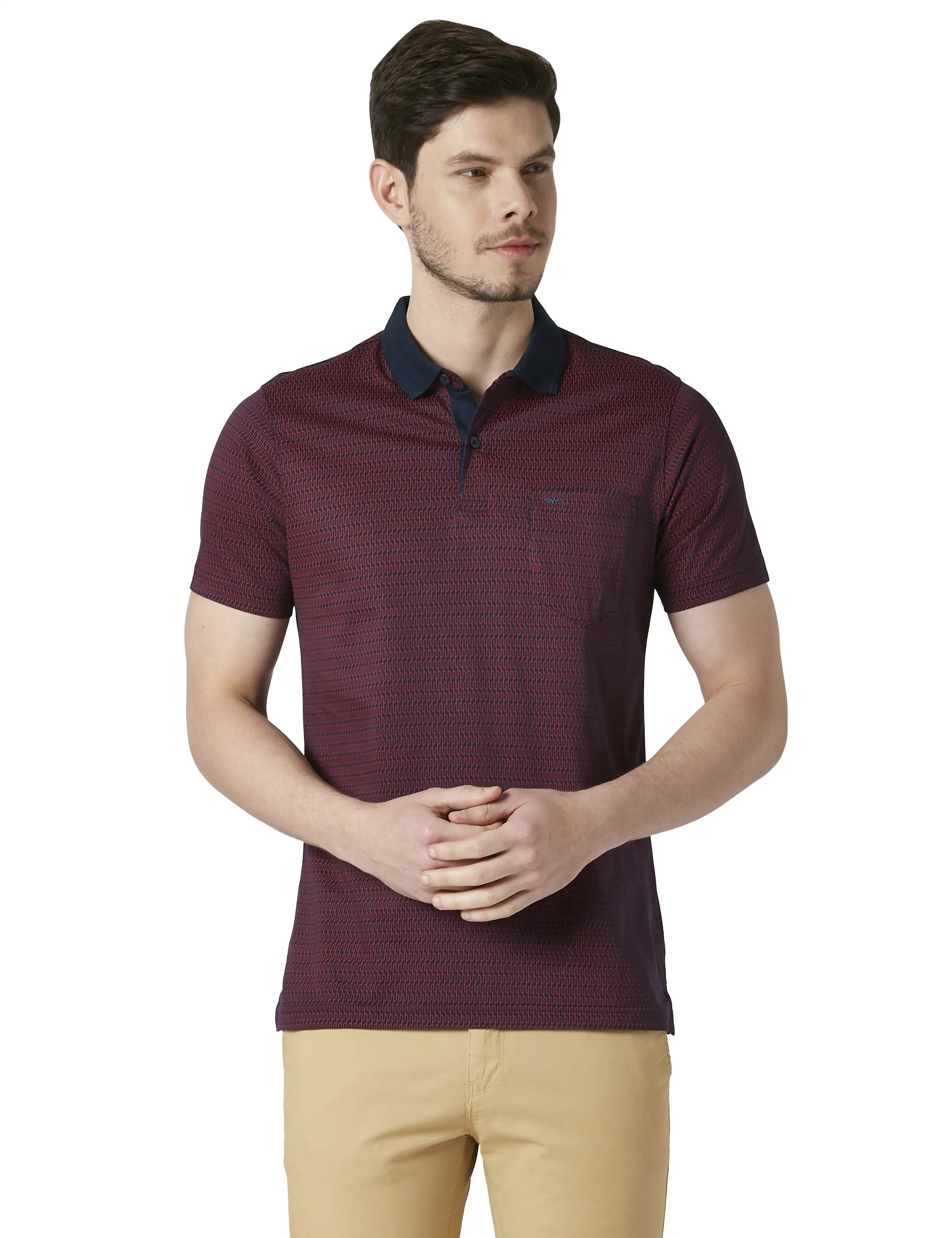 Men Blue Regular Fit Print Cotton Round Neck Collar Polo T-Shirt