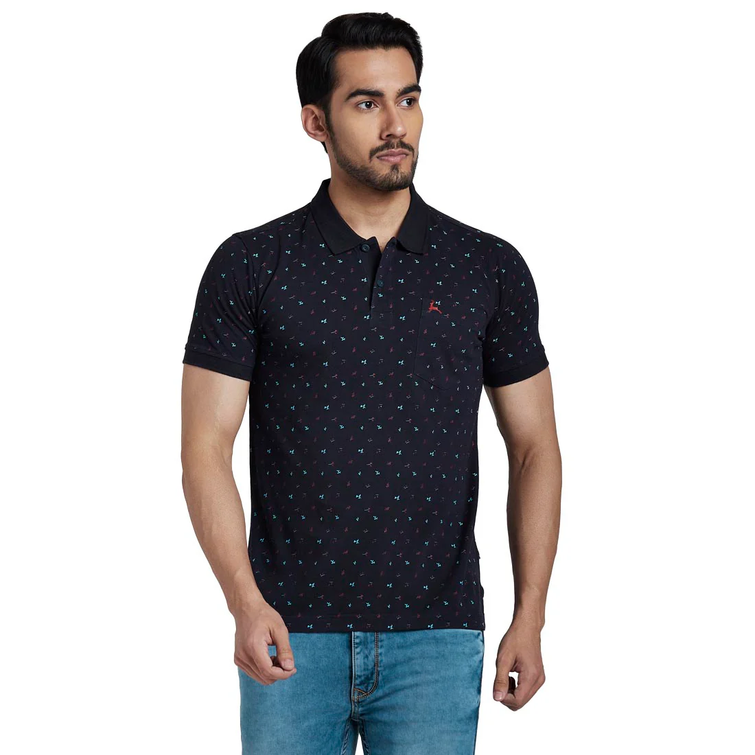 Men Blue Regular Fit Print Cotton Round Neck Collar Polo T-Shirt