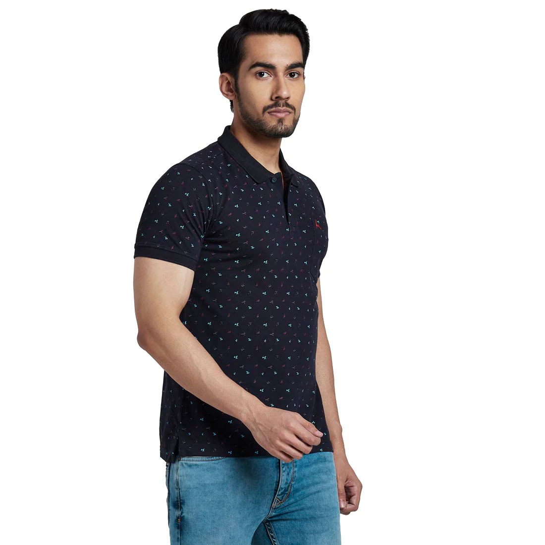 Men Blue Regular Fit Print Cotton Round Neck Collar Polo T-Shirt - Image 2