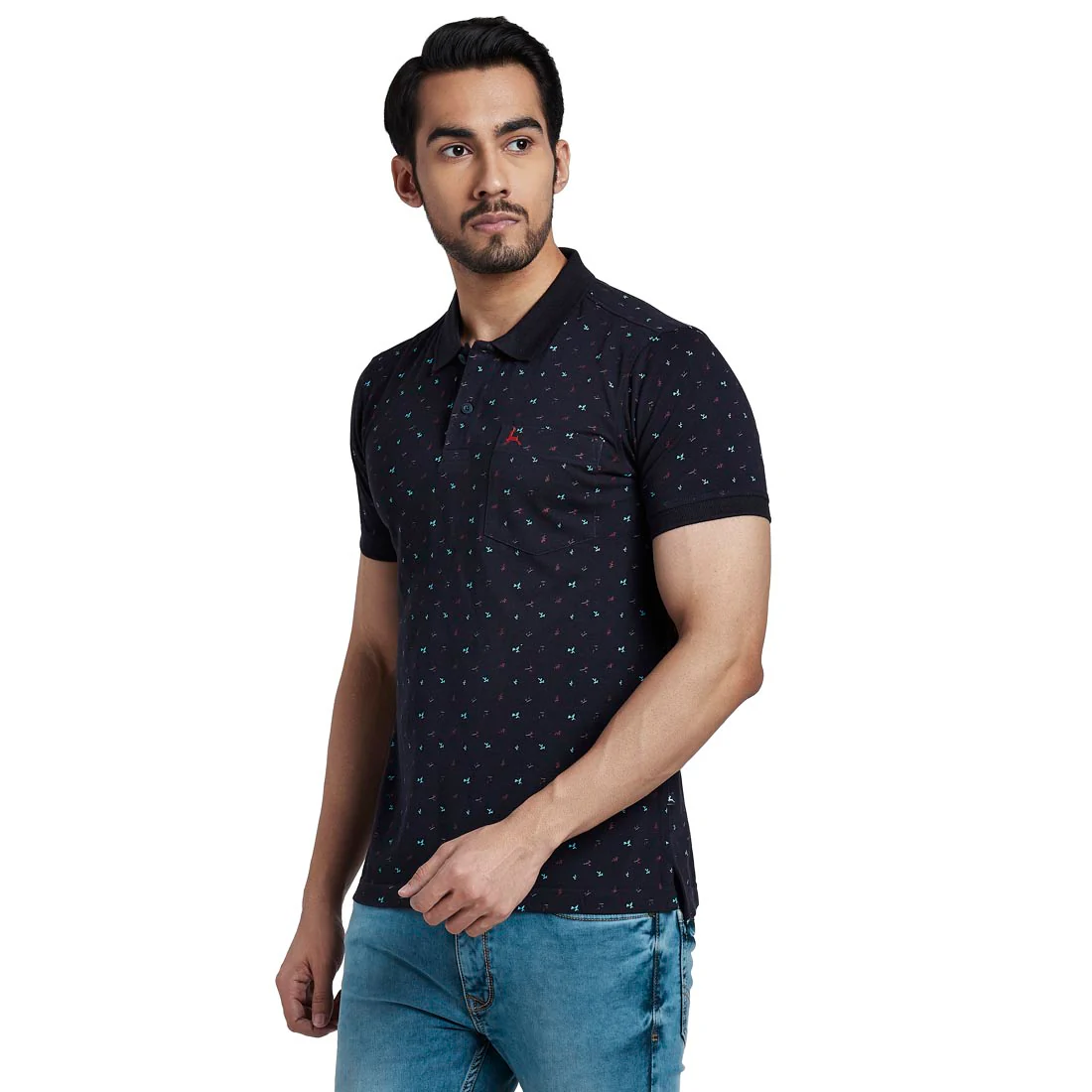 Men Blue Regular Fit Print Cotton Round Neck Collar Polo T-Shirt - Image 3