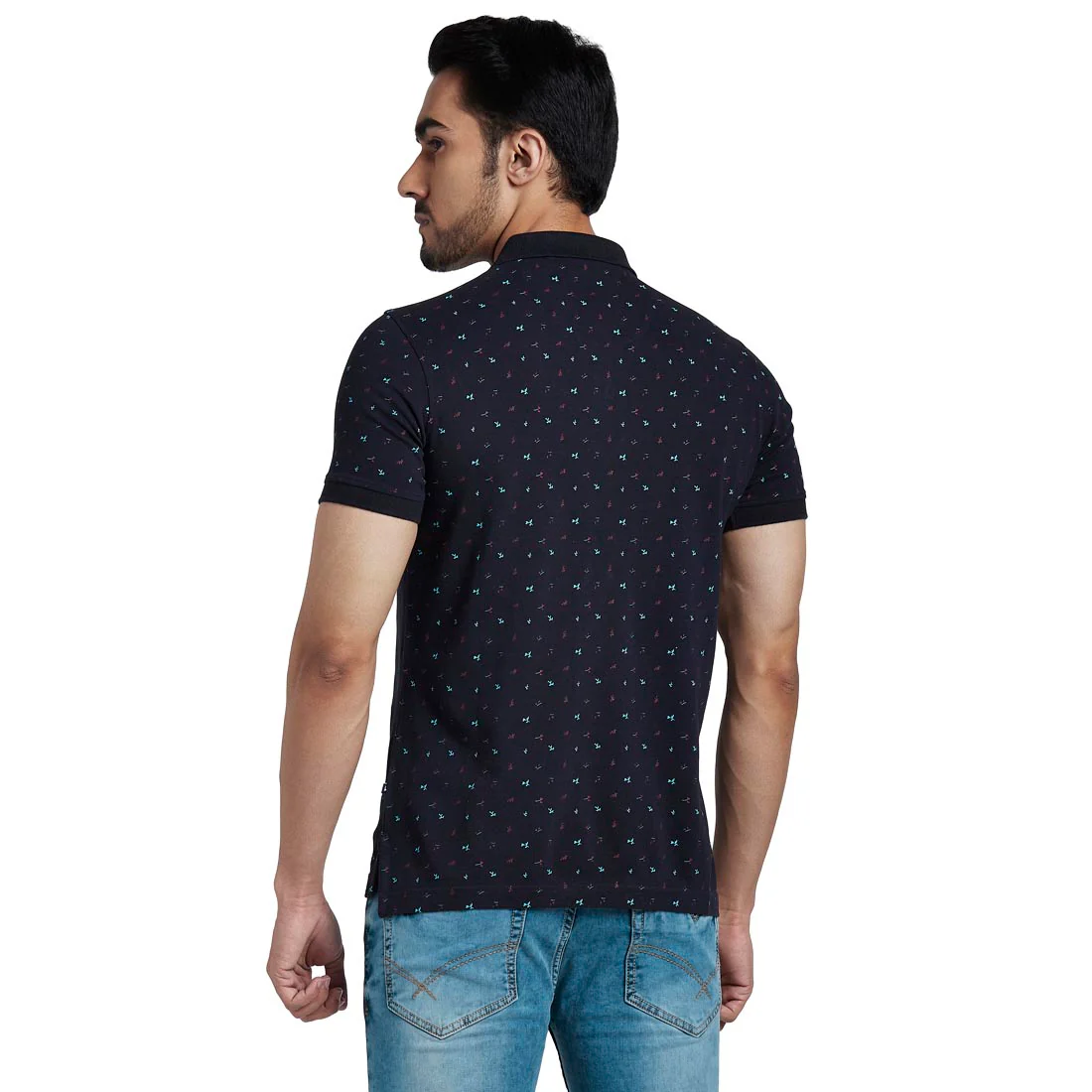 Men Blue Regular Fit Print Cotton Round Neck Collar Polo T-Shirt - Image 4