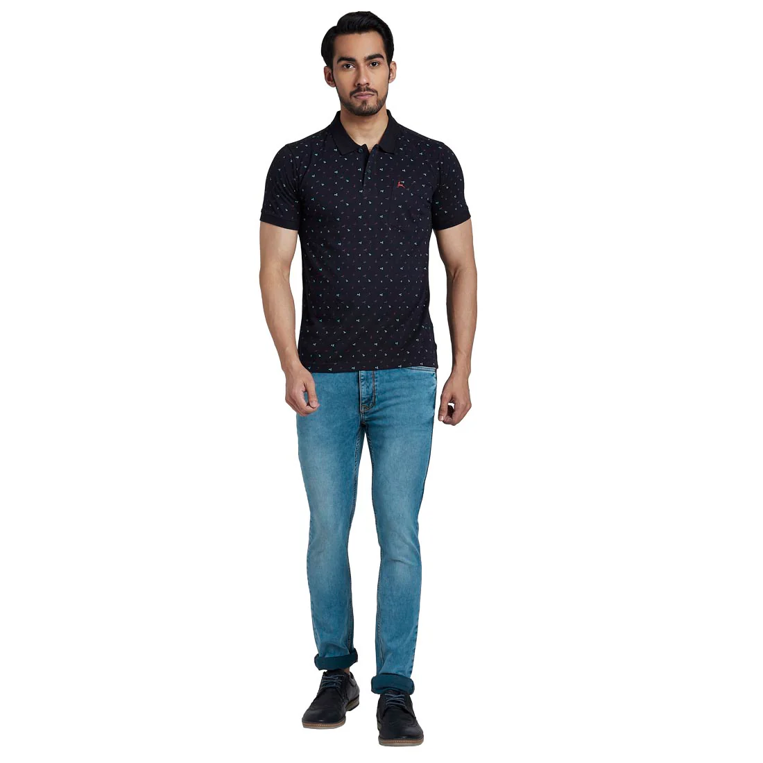 Men Blue Regular Fit Print Cotton Round Neck Collar Polo T-Shirt - Image 5