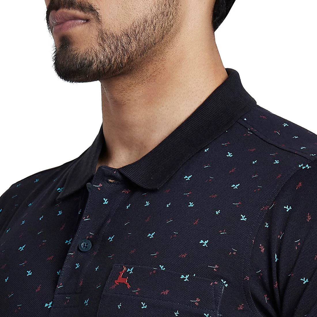 Men Blue Regular Fit Print Cotton Round Neck Collar Polo T-Shirt - Image 6