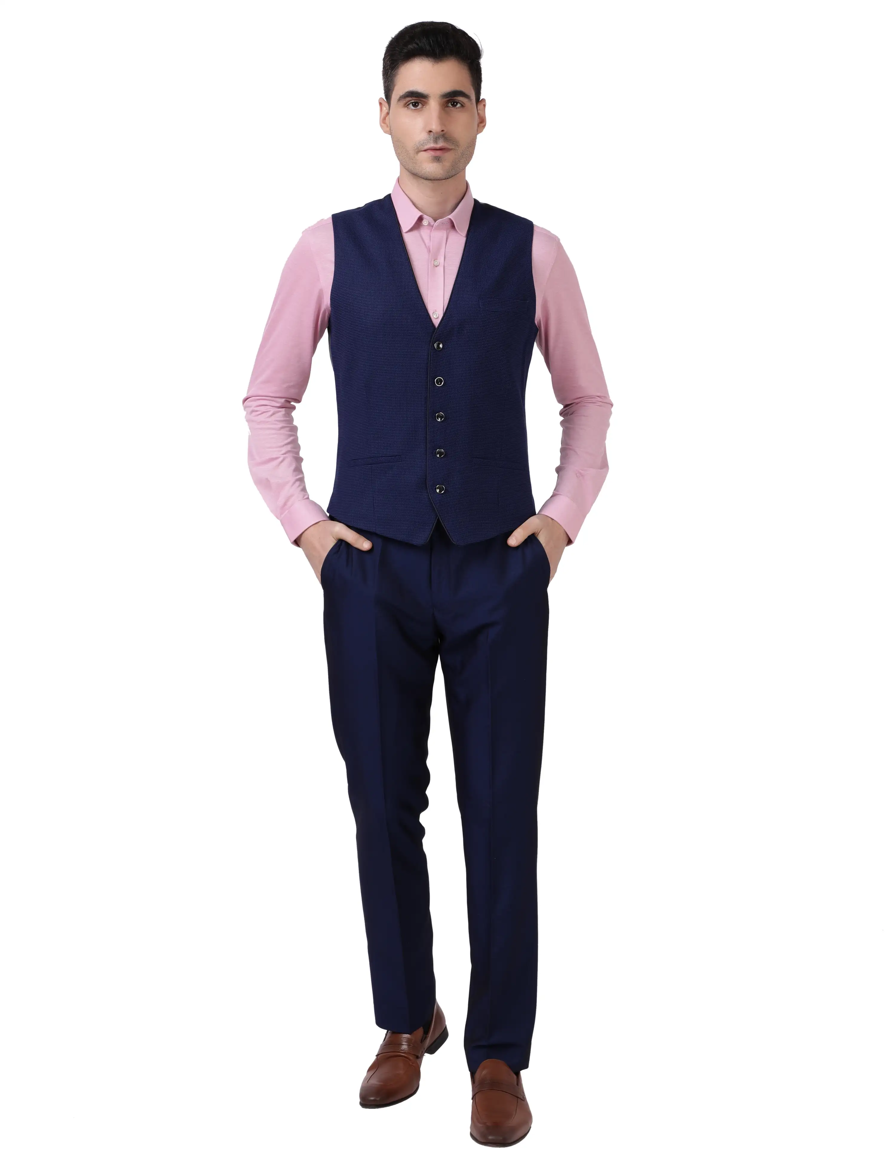 Men Blue Regular Fit Slub Terry Rayon Blend Suit - Image 5