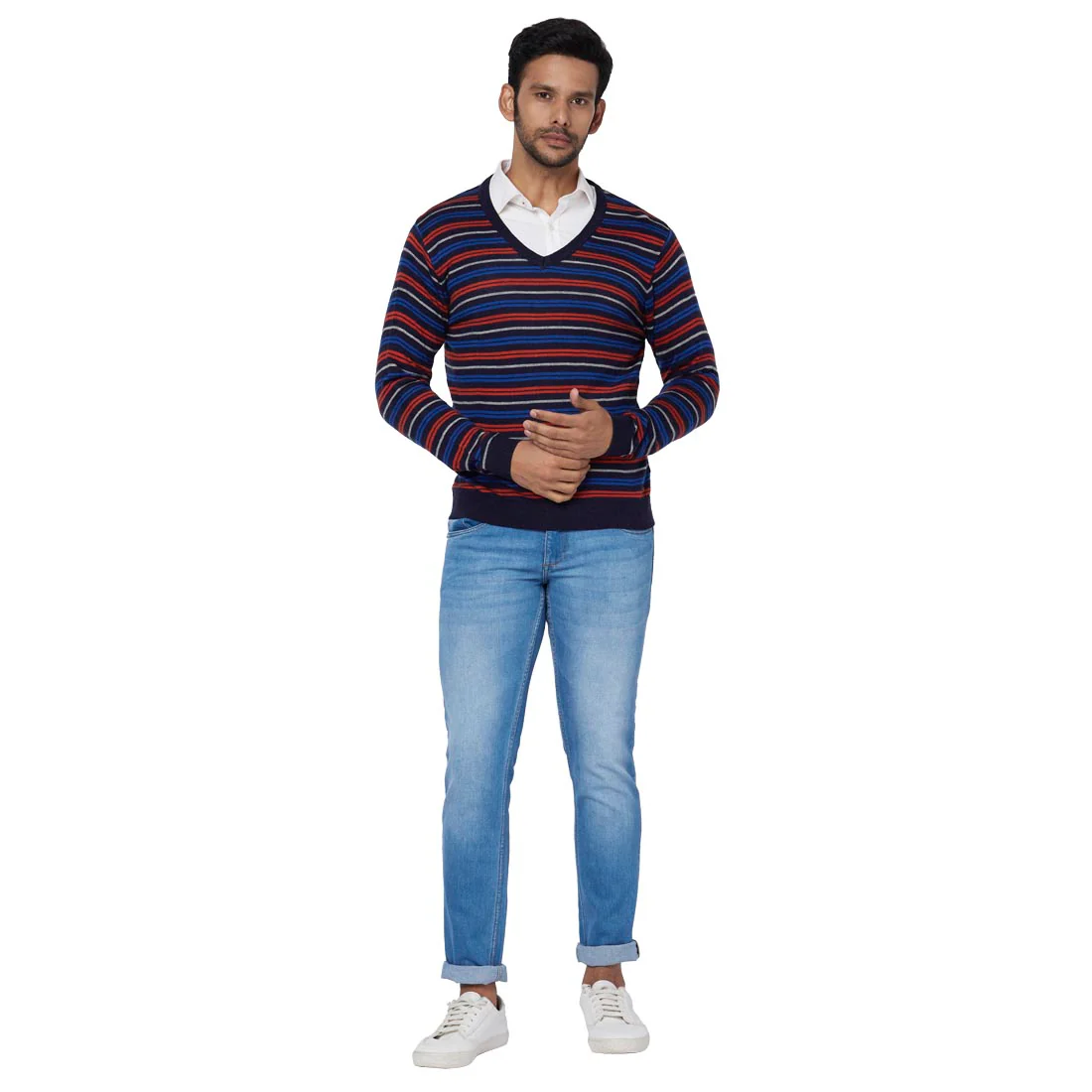 Men Blue Regular Fit Solid Acrylic Blend Full Sleeve Sweaters - Image 5