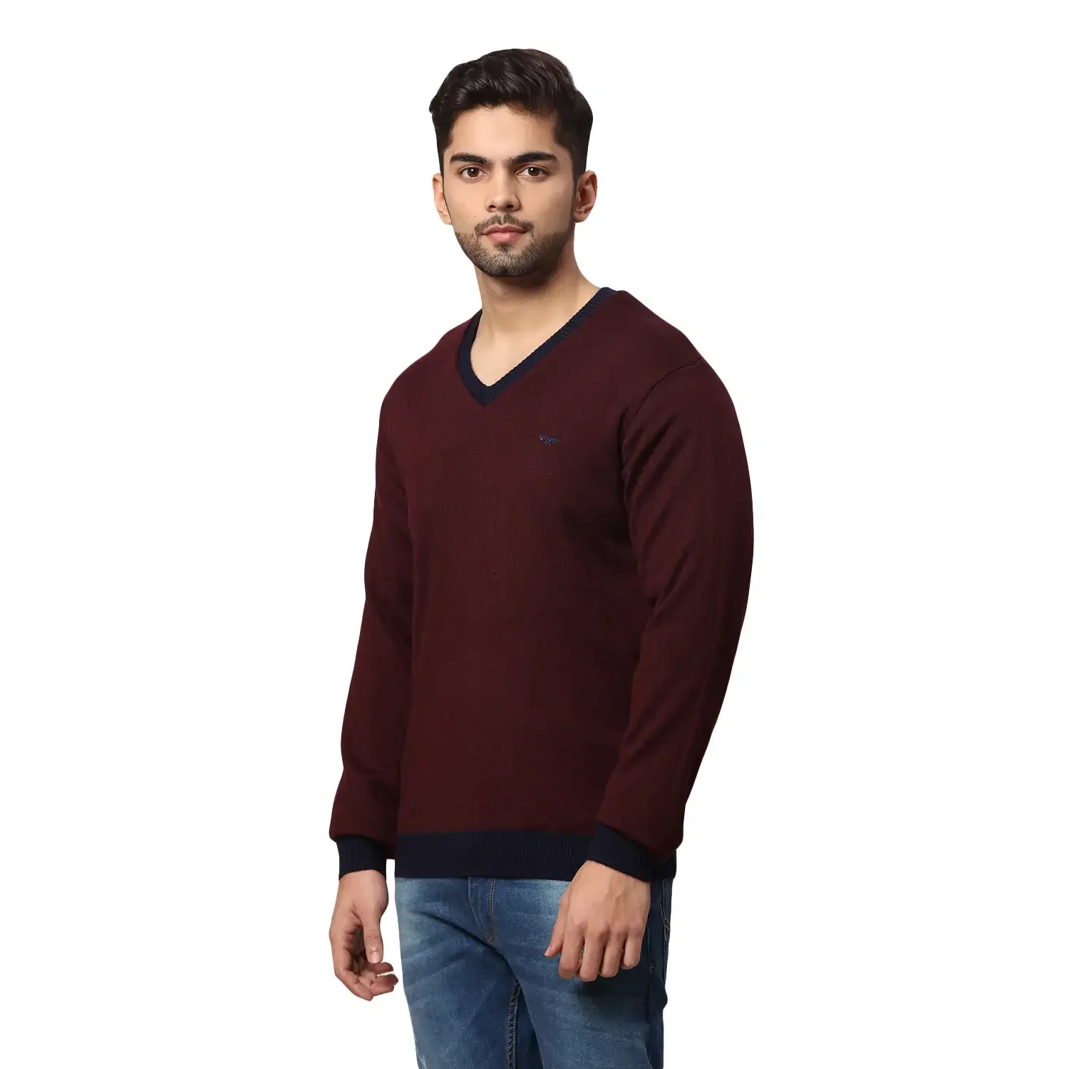 Men Blue Regular Fit Solid Acrylic Blend Full Sleeve V Neck Collar Sweaters - Image 2