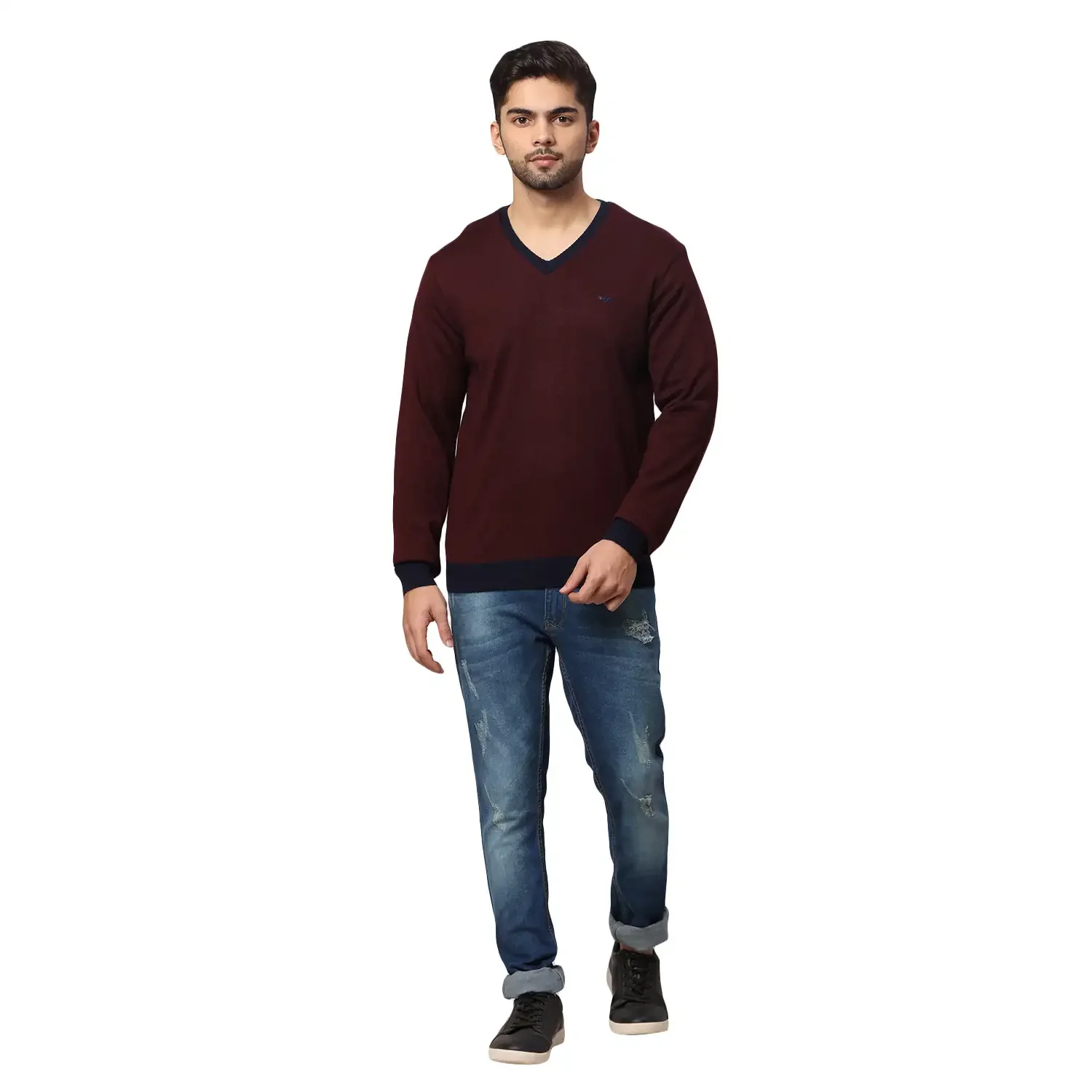 Men Blue Regular Fit Solid Acrylic Blend Full Sleeve V Neck Collar Sweaters - Image 4