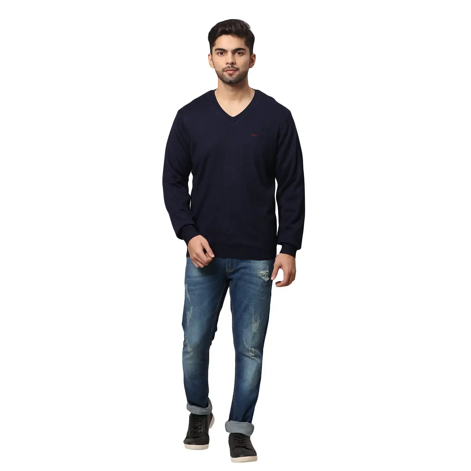 Men Blue Regular Fit Solid Acrylic Blend Full Sleeve V Neck Collar Sweaters - Image 9
