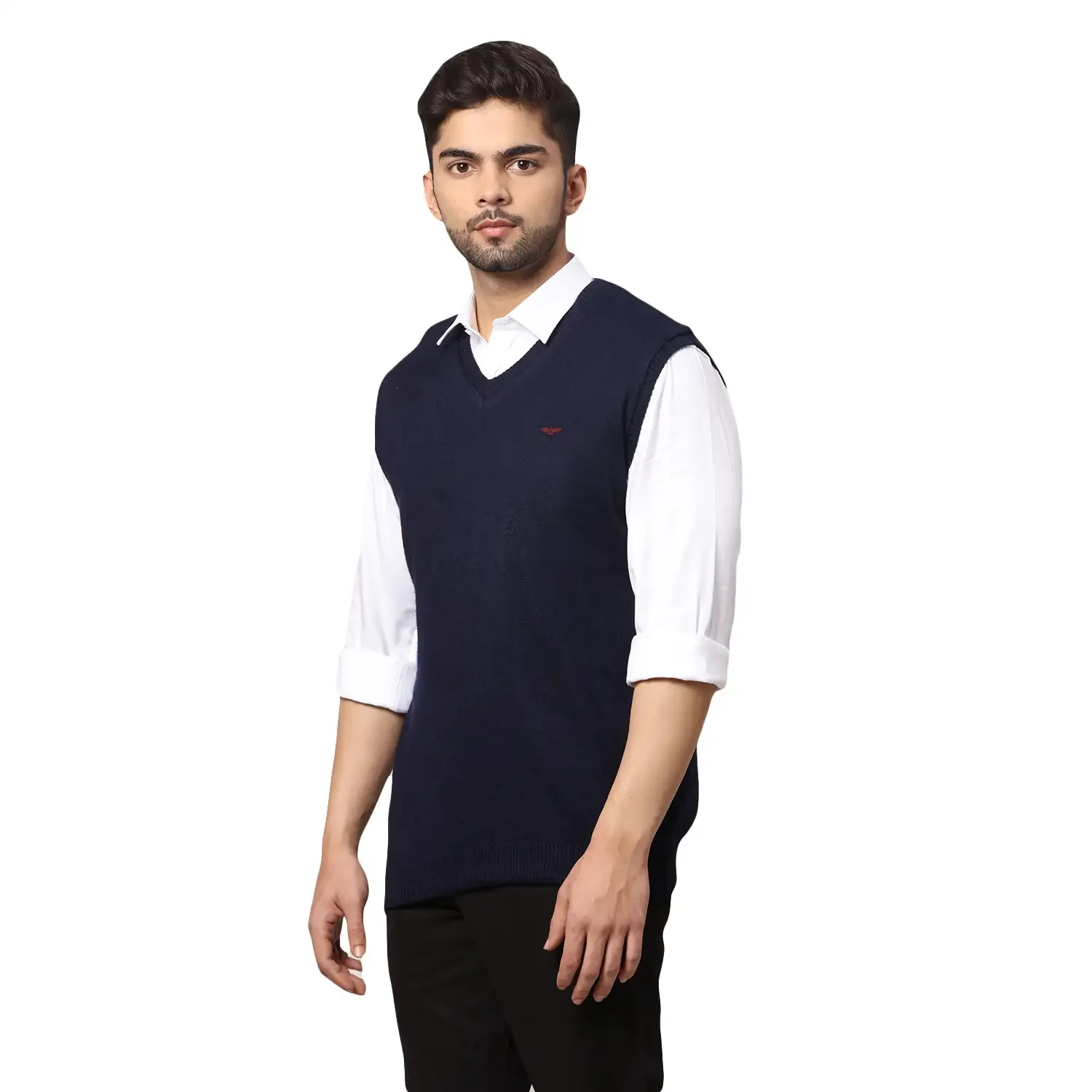 Men Blue Regular Fit Solid Acrylic Blend Sleeveless Sweaters - Image 3