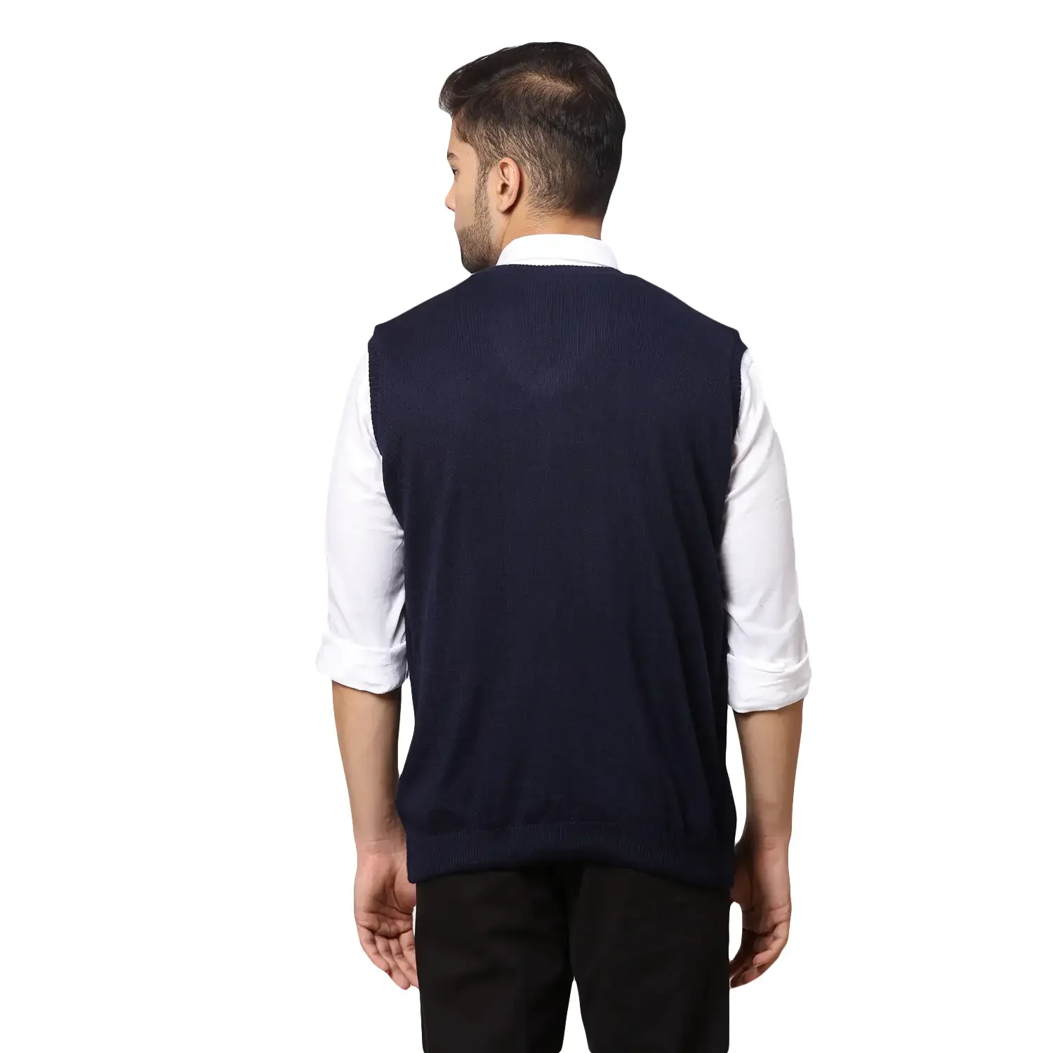 Men Blue Regular Fit Solid Acrylic Blend Sleeveless Sweaters - Image 4