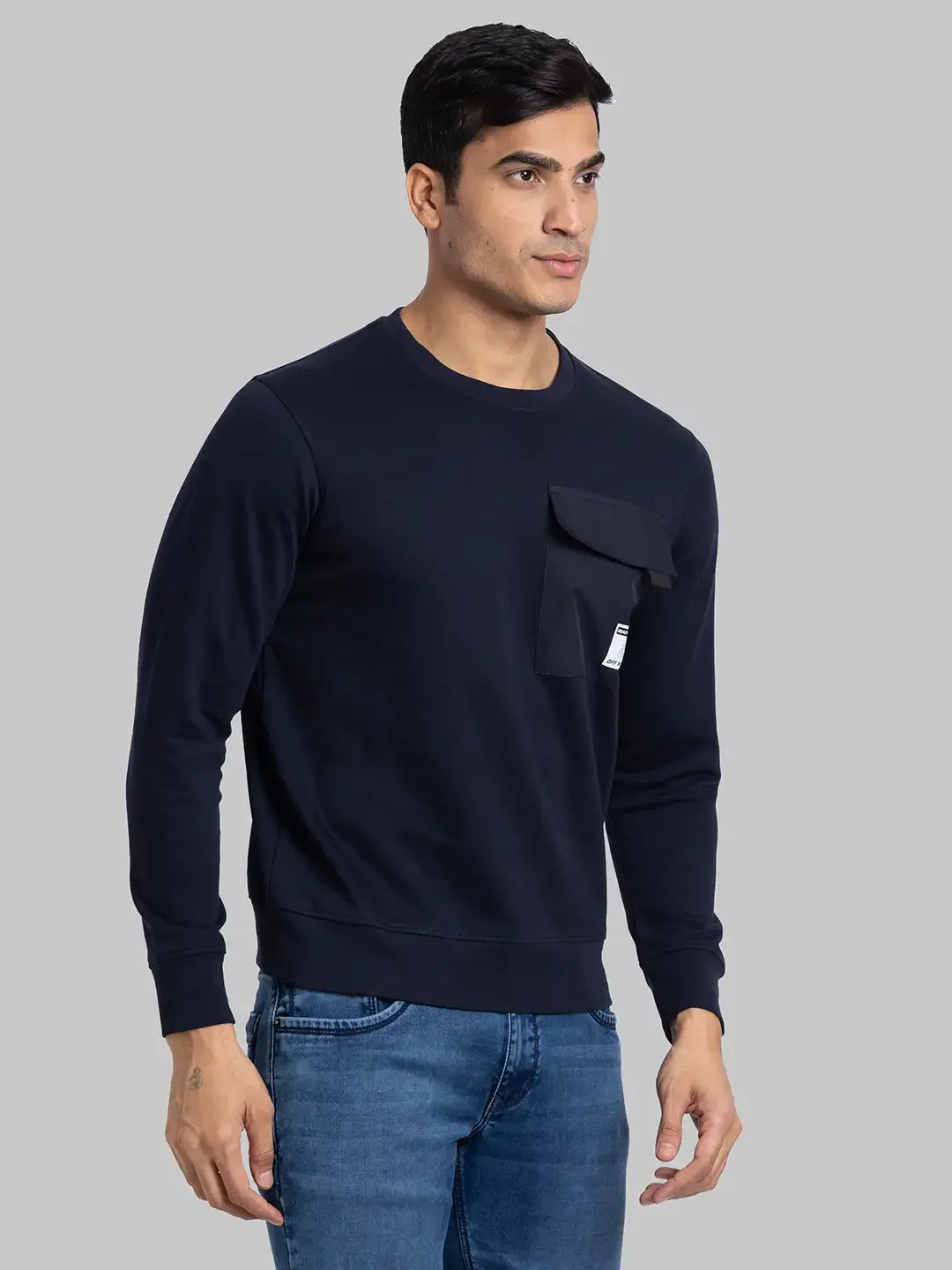 Men Blue Regular Fit Solid Cotton Blend Sweatshirts - Image 2