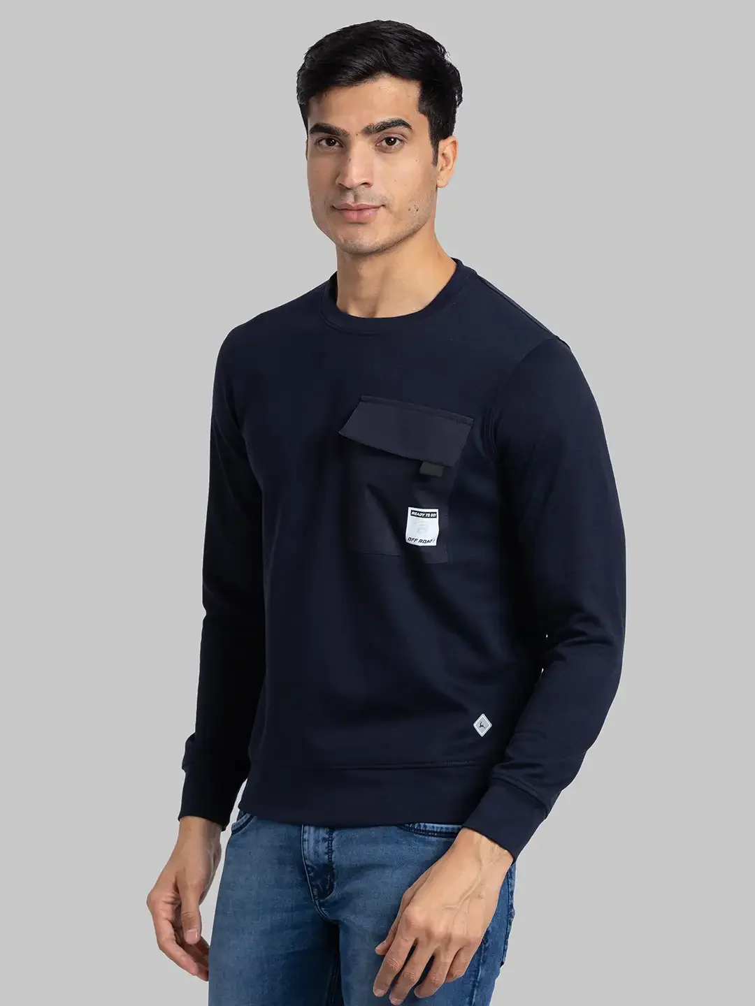Men Blue Regular Fit Solid Cotton Blend Sweatshirts - Image 3