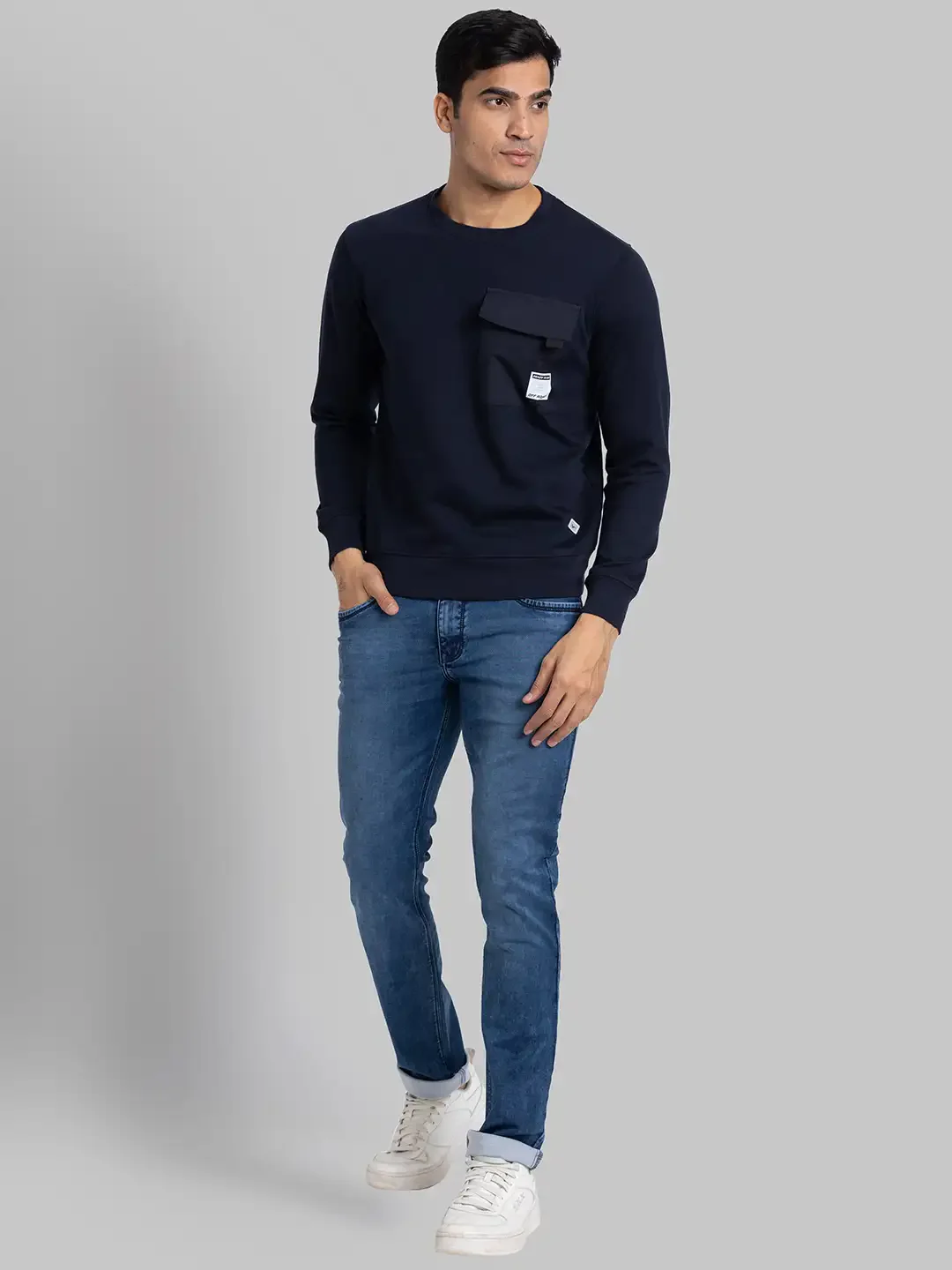 Men Blue Regular Fit Solid Cotton Blend Sweatshirts - Image 5