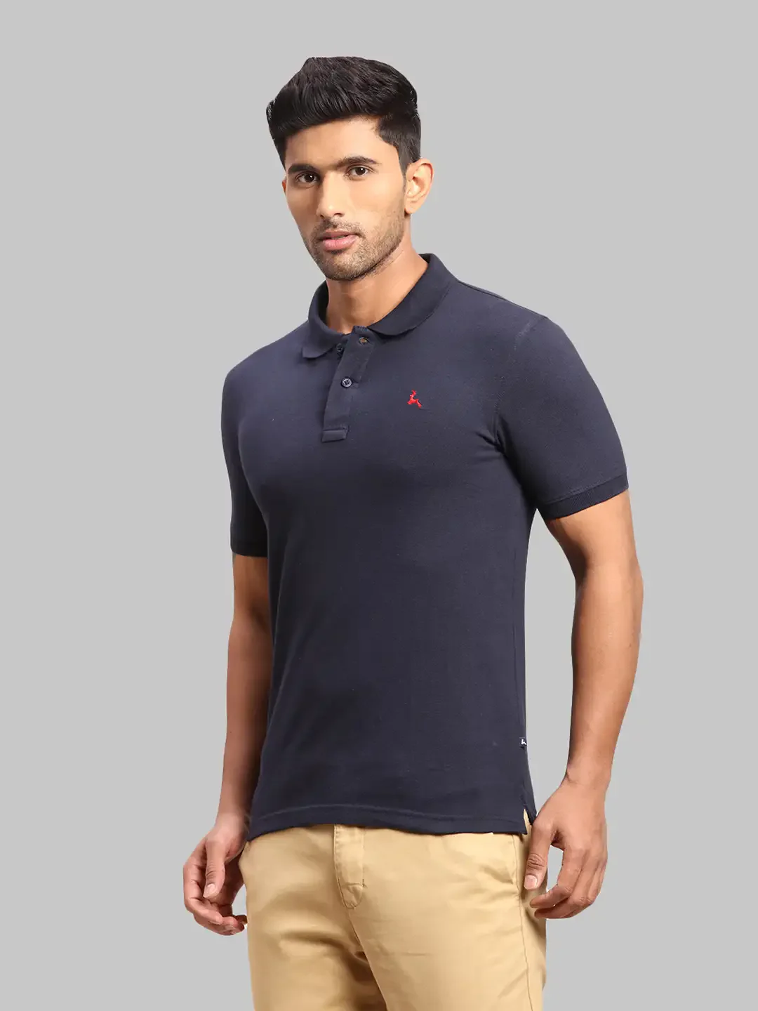 Men Blue Regular Fit Solid Cotton Polyester Blend Round Neck Collar Polo T-Shirt - Image 3