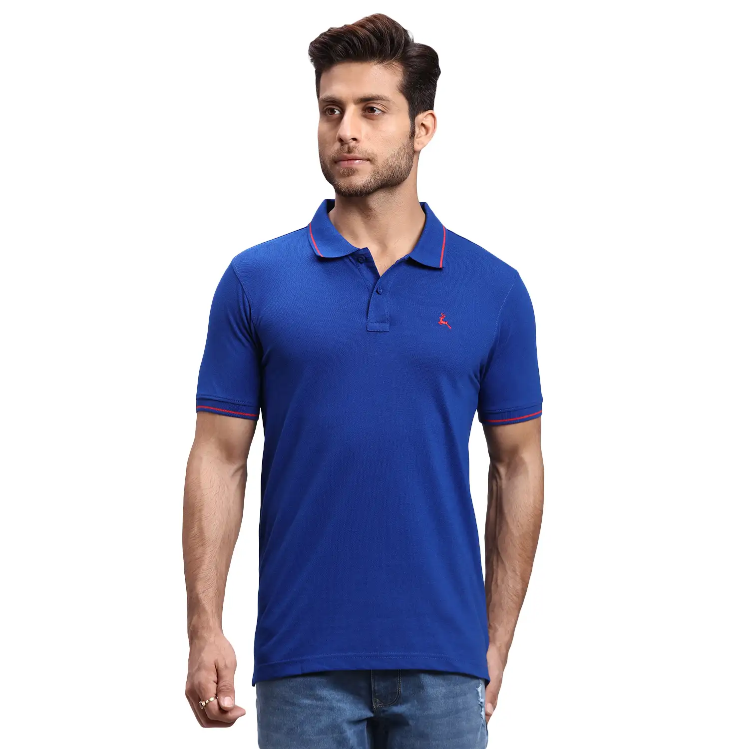 Men Blue Regular Fit Solid Cotton Polyester Blend Round Neck Collar Polo T-Shirt