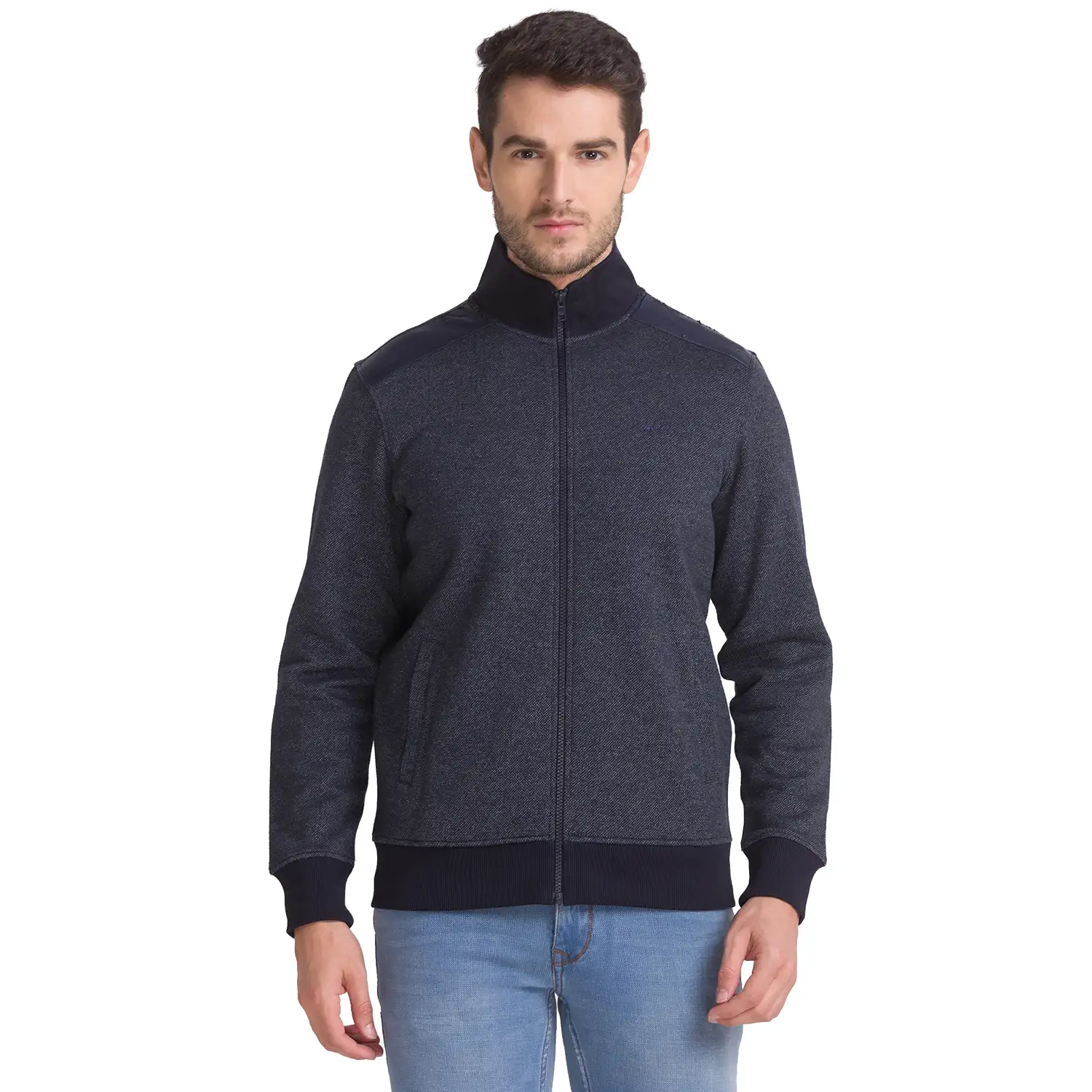 Men Blue Regular Fit Solid Cotton Polyester Blend Sweatshirts
