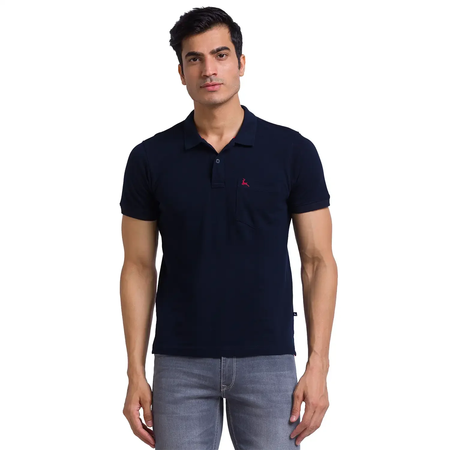 Men Blue Regular Fit Solid Cotton Round Neck Collar Polo T-Shirt