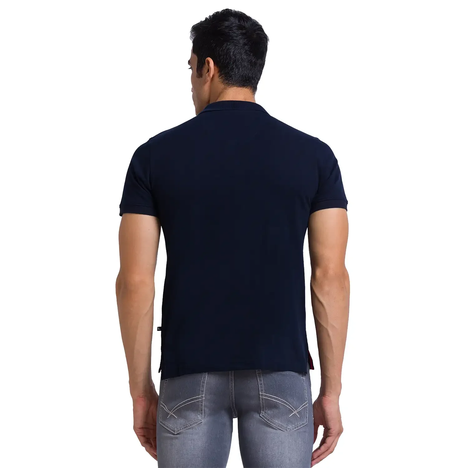 Men Blue Regular Fit Solid Cotton Round Neck Collar Polo T-Shirt - Image 4