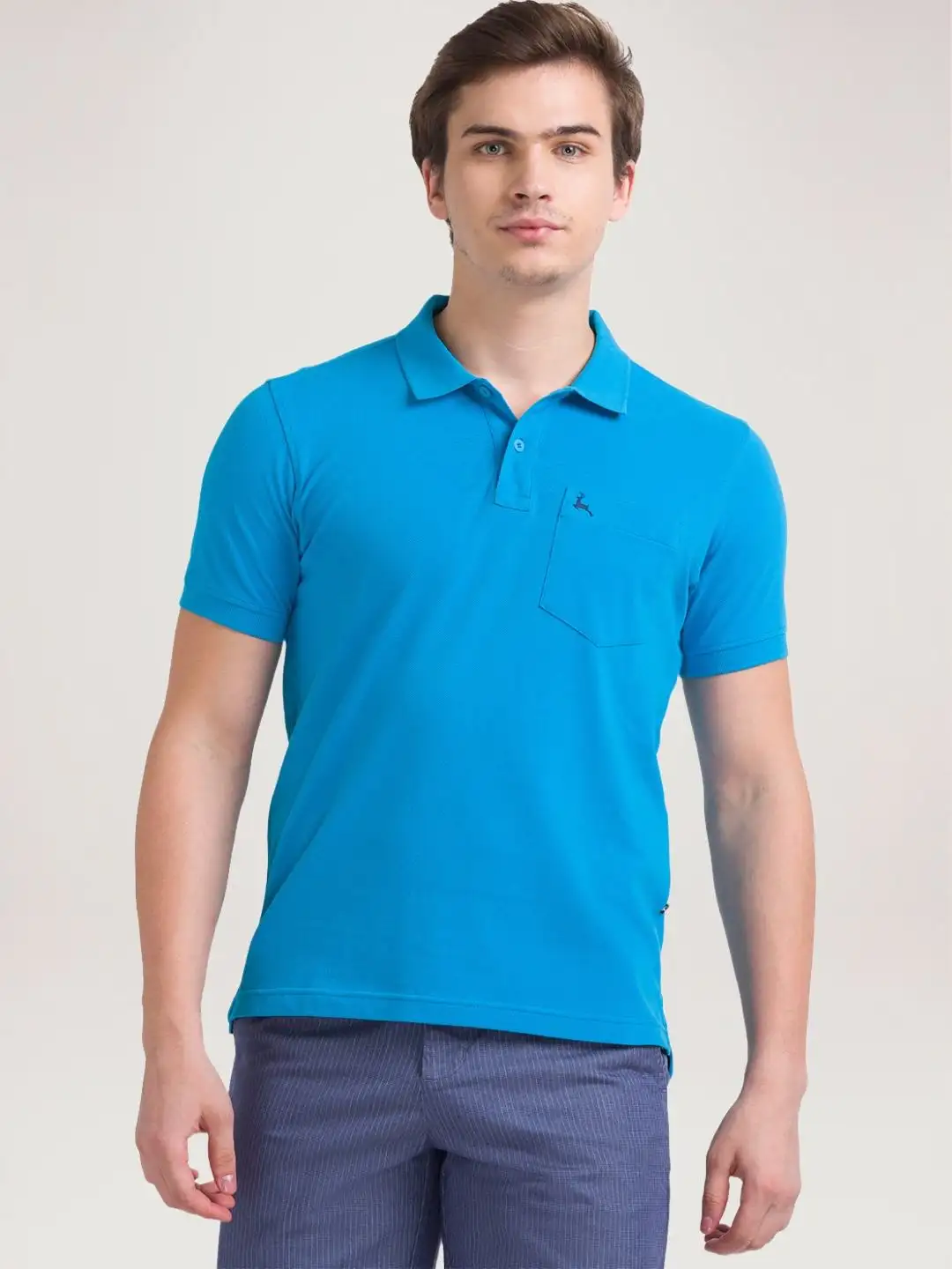 Men Blue Regular Fit Solid Cotton Round Neck Collar Polo T-Shirt