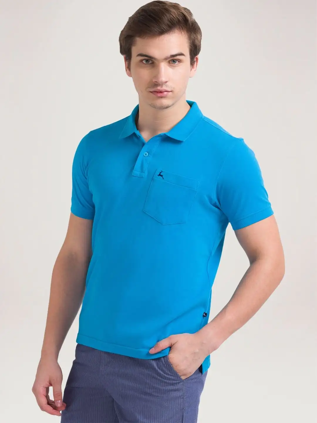 Men Blue Regular Fit Solid Cotton Round Neck Collar Polo T-Shirt - Image 6