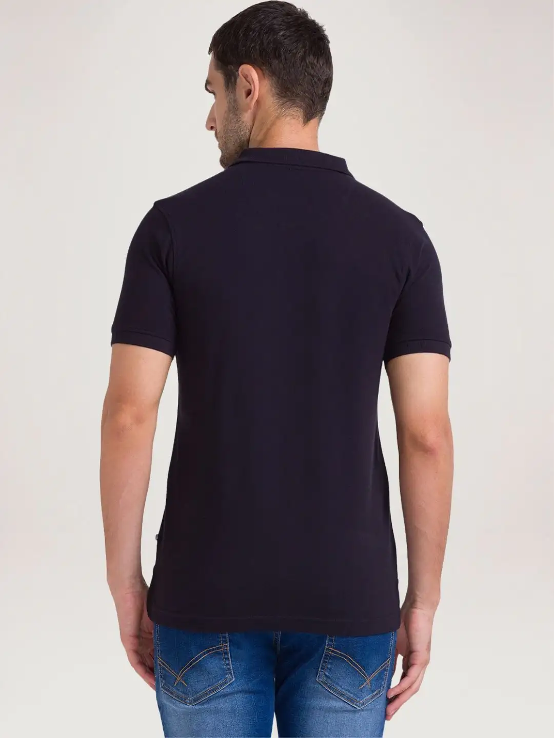 Men Blue Regular Fit Solid Cotton Round Neck Collar Polo T-Shirt - Image 4